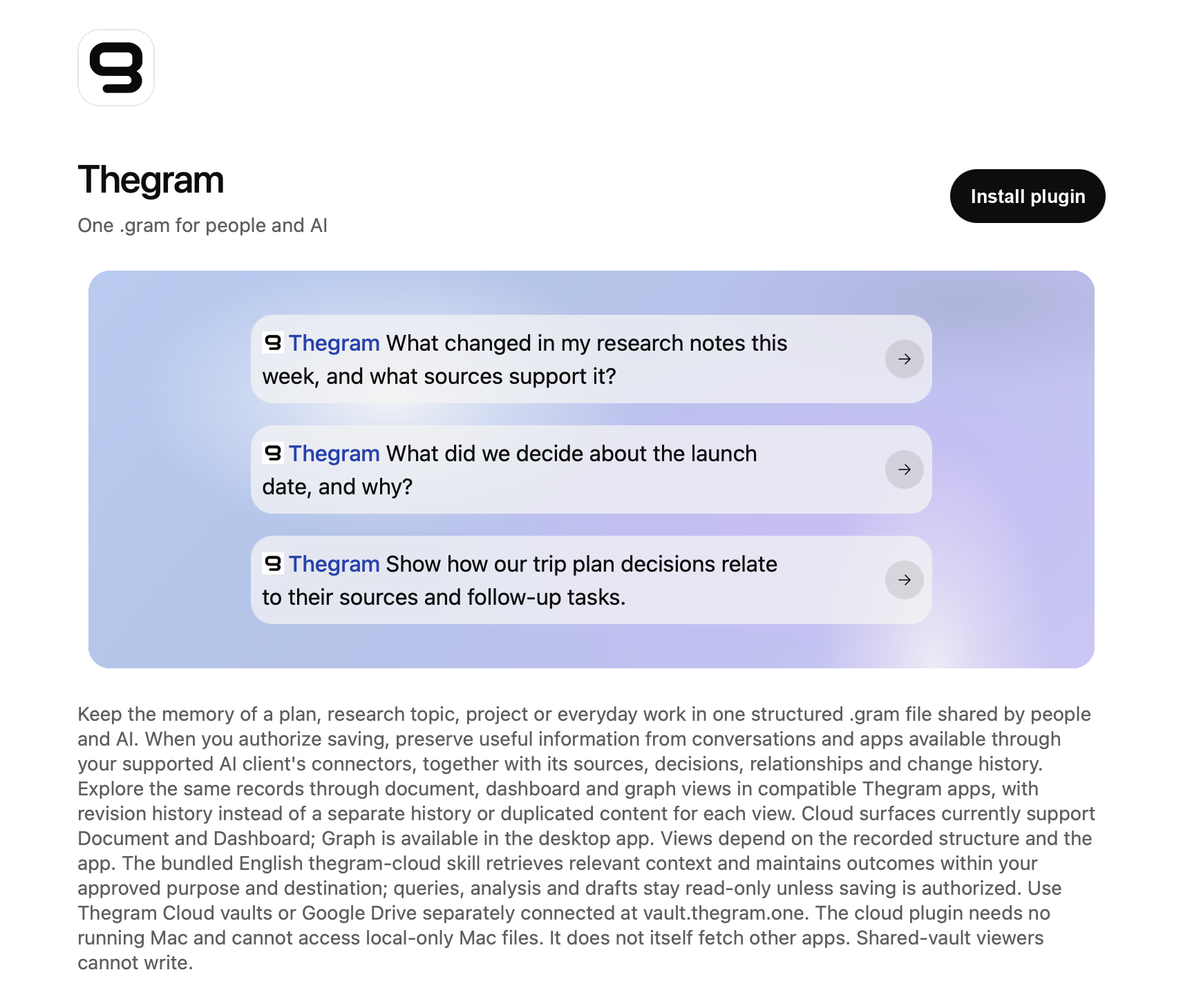 Thegram plugin installation page in ChatGPT